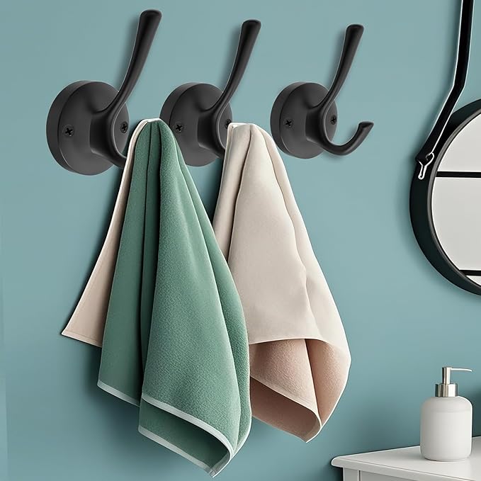 Black Towel Hooks for Wall, 5 Pack Coat Robe Hook Heavy Duty Metal Double Bath Hook Wall Mounted, Hat Hooks for Cubicle Bathroom Kitchen Closet Garage