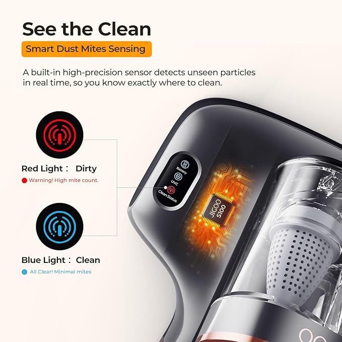 JIGOO Mattress Vacuum Cleaner with UV-C Light, Bed Vacuum Cleaner with Dust Sensor, Ultrasonic and High Heating, Deep Cleaning Bed Vacuum for Sofa Bed Fabric Surface (S100 Cordless)