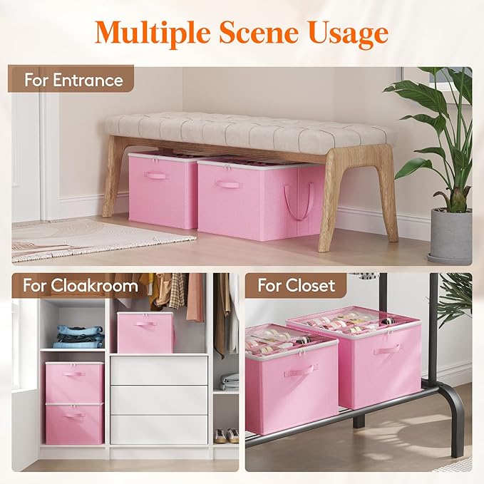 Lifewit Shoe Storage Organizer for Closet Fits 12-16 Pairs, Fabric Large Shoe Box Storage Containers with Clear Cover, Foldable Bins Fit for Boots Heels Sneakers 17"(L) x 17"(W) x 12.5"(H) 2 Pack Pink