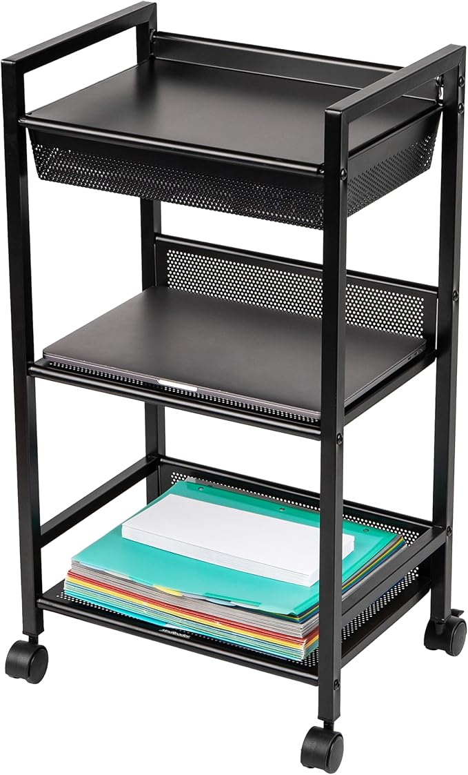 Mind Reader Cart with Covered Compartment, Office Organizer, Storage, 3-Tier, Office, Metal, 15.5" L x 11" W x 28.25" H, Black
