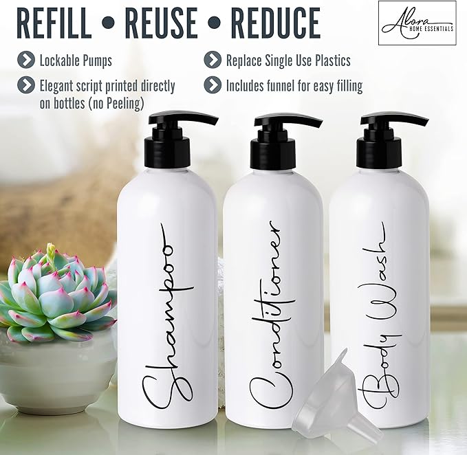 Alora 16oz Refillable Shampoo and Conditioner Dispenser Bottles - Set of 3 - Pump Bottle Dispenser for Shampoo, Conditioner, Body Wash - Empty Plastic Refillable Containers for Shower, Matte White