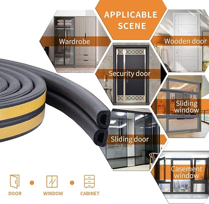 Weather Stripping Seal Strip Tape, Doors Windows Frame Self Adhesive D Type Foam Sealing Tape, 65.6Ft Rubber Soundproof Insulation Cell Foam Stripping, Black