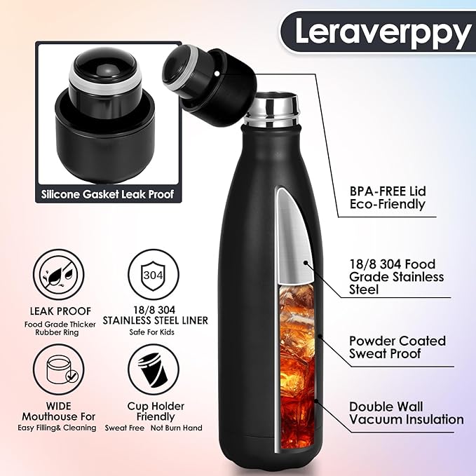 25oz Cola-Bottle Shaped Stainless Steel Leak-proof Water Bottle,Double Wall Vacuum Insulated Metal,Travel Mug For Sports Indoors & Outdoors,BPA-Free School Kids Flasks,Black(1 Pack)