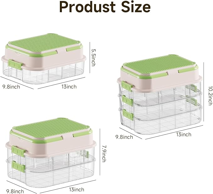 Toy Storage Organizer Box with Handle, Stackable Building Block Toy Box with Building Plate Lid & Removable Sorting Trays, Cubby Bins and Containers 2 Layer (Green)