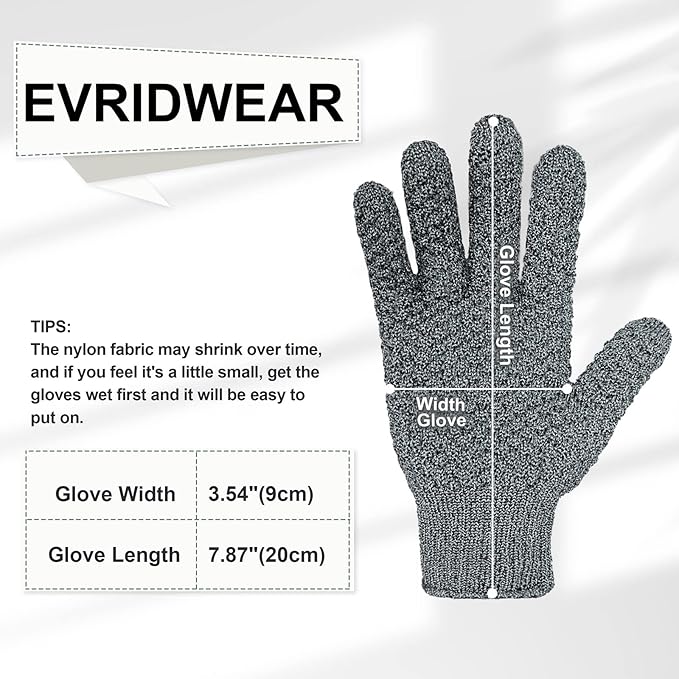 Evridwear Exfoliating Dual Texture Bath Gloves for Shower, Spa, Massage and Body Scrubs, Dead Skin Cell Remover, Gloves with Hanging Loop (1 Pair Gray Heavy Glove)