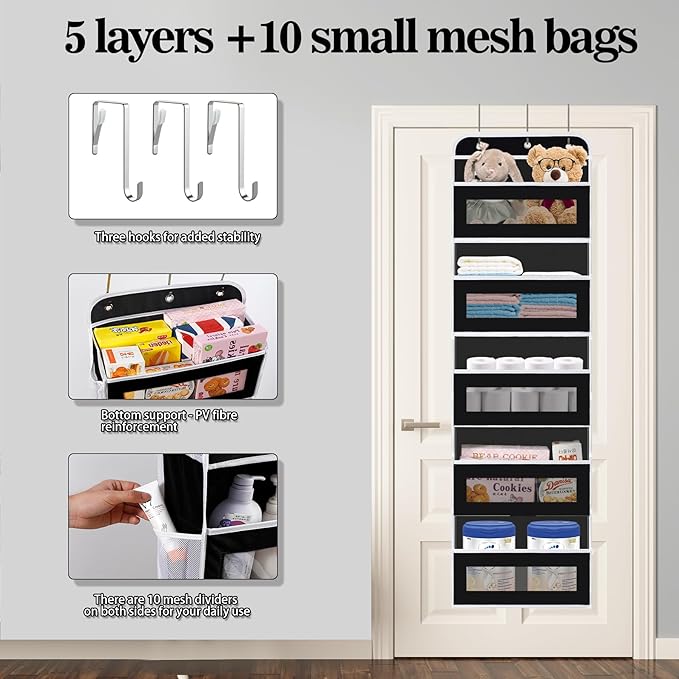 Over The Door Organizer, 5 Shelves Closet Door Hanging Organizer with 10 Mesh Pockets, Nursery Closet Organizer, Baby Essentials, Dorm Room Essentials for Girls