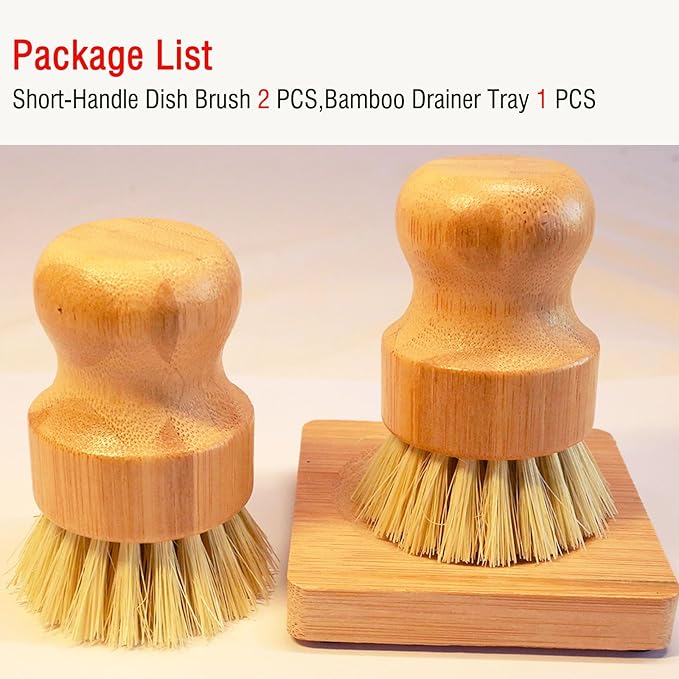 Bamboo Palm Dish Brush Set, Natural Bristle Dish Brush with Holder, Eco Friendly Soft Scrub Kitchen Brush for Dishes and Vegetables