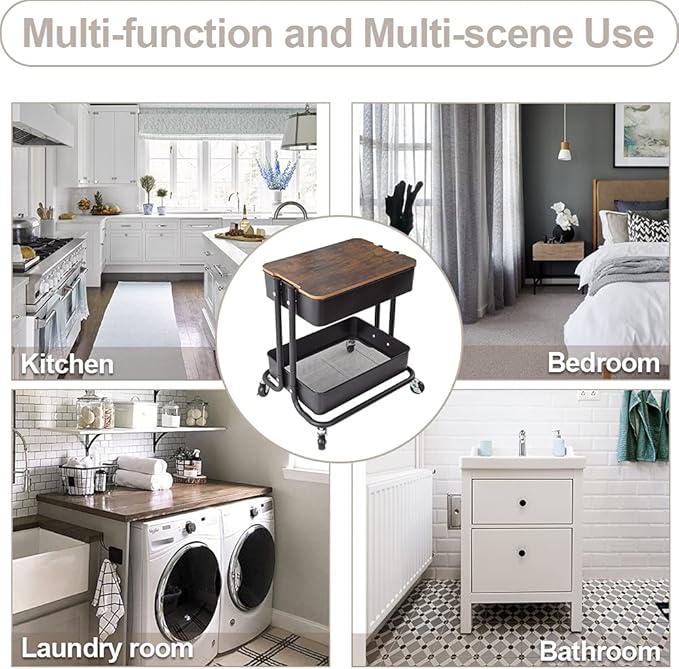 Melody House 2-Tier Metal Utility Rolling Cart Storage Organizer with Cover Board Mobile Trolley Sofa Side Table with Wheels for Office Home Kitchen Organization Black