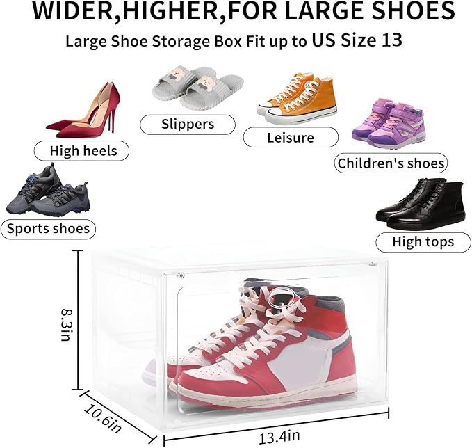 Large Shoe Boxes Clear Plastic Stackable, 8 Pack Drop Side Shoe Storage Organizer with Magnetic Door, Shoe Container Sneaker Storage Display Case Fit up to US Size 13 CLEAR