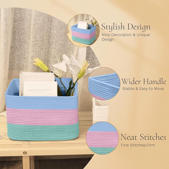 Hopegiver Woven Storage Baskets 15x11x10 Inch, 1 Pack Collapsible Cube Storage Bin for Shelves - Foldable Cotton Rope Organizer Bins for Towels, Toys, Books, Closet, Nursery (Blue Pink Green)