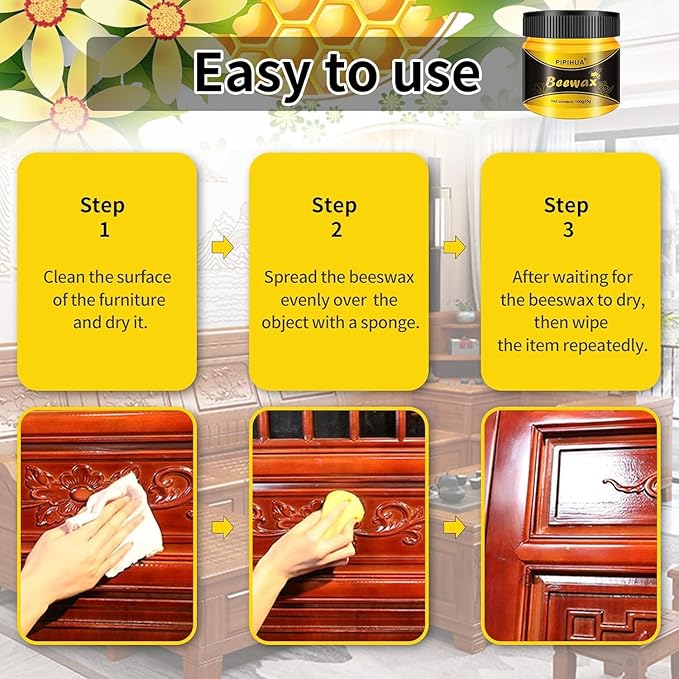 PIPIHUA Beeswax Polish and Conditioner for Wood Furniture - Waterproof & Restorer Wood Wax, Multipurpose Beeswax Furniture Polish and Cleaner for All Types and Colours(2×100g with 4 Sponges)