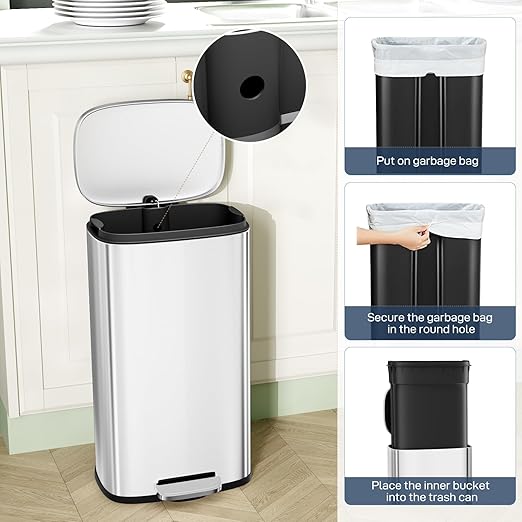 Arlopu 13.2 Gallon Step Trash Can, Stainless Steel Garbage Bin, Soft-Close Rubbish Bin with Removable Plastic Inner Bucket, Fingerprint-Proof, Lid Dustbin, Suit for Kitchen Home (Silver, 50L)