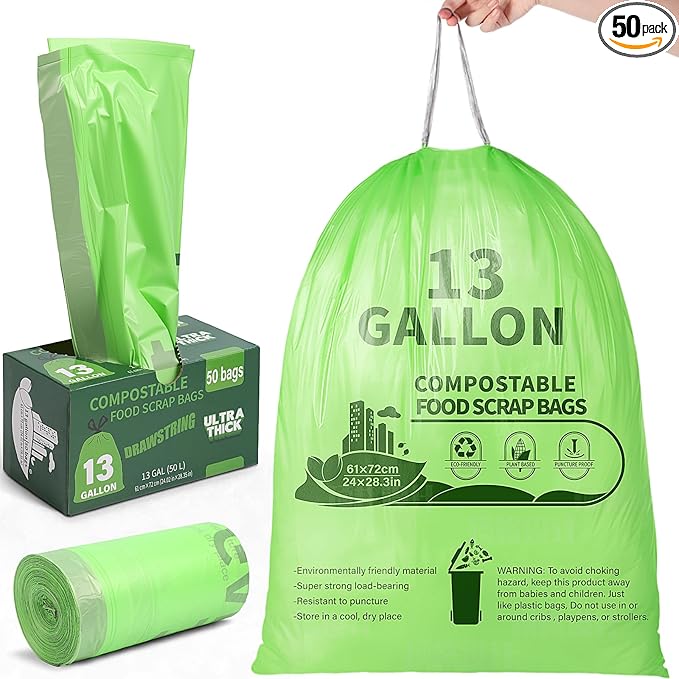 Amyhill 50 Count Compostable Kitchen Trash Bags 13 Gallon Compostable Drawstring Kitchen Waste Garbage Bags 49.2 Liter, 1.575 Mil for Bathroom Home Bedroom Office Garbage