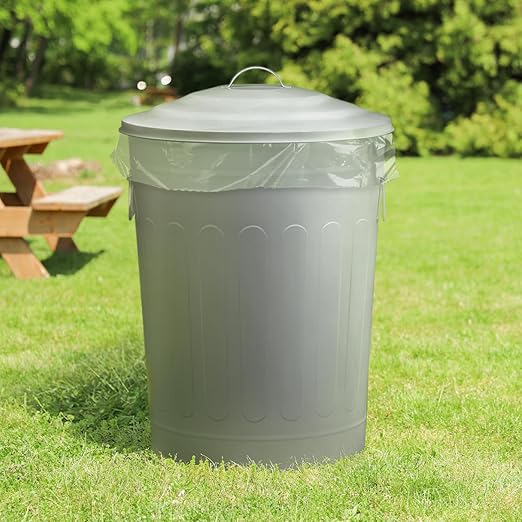 Plexon Round Trash Can 13 Gallon, Vintage Metal Outdoor Trash Can with Lid, Retro Farmhouse Garbage Container, Old School Modern Ash Bucket, Gray 3 Pack