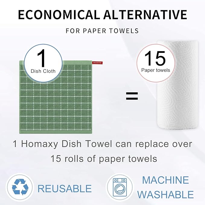 Homaxy 100% Cotton Terry Kitchen Dish Cloths, Ultra Soft and Absorbent Dish Towels for Kitchen, Suitable for Drying and Washing Dishes, 12 Pack, 12 x 12 Inches, Grass Green