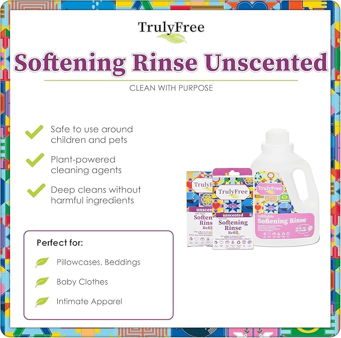 Truly Free Fabric Softening Conditioner for Clothes| Safe for Babies & Kids with Sensitive Skin | Plant-Based | Includes 4 Refills | Unscented Rinse(200 Loads)