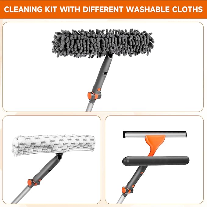 Chabatree Window Squeegee Cleaner Set 2-in-1 Window Cleaning Tool with Extendable Pole, Window Cleaning kit with Bendable Head for Indoor & Outdoor Glass for Car Indoor Outdoor High Windows（Kit1.0）