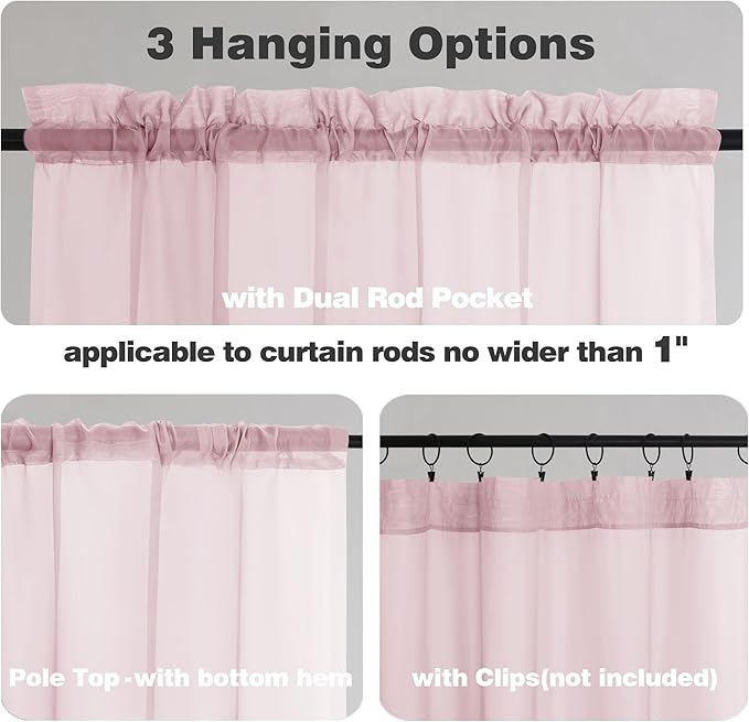 Chyhomenyc Sheer Curtains 24 Inch Length, Small Window Curtains for Bathroom Living Room Basement, Voile Short Rod Pocket Curtain Tiers, 42in Wx 24in L, 2 PCS, Blush Pink