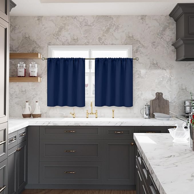 BGment Short Curtains Blackout 36 Inches Length - Rod Pocket Thermal Insulated Room Darkening Window Drapes for Kitchen Bedroom Bathroom, Navy Blue, 2 Panels, 42 x 36 Inch