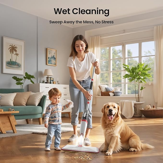 Spray Mops for Floor Cleaning with 3pcs Washable Pads, Xlife Wet Dry Mop for Kitchen Wood Hardwood Laminate Ceramic Tiles Floor Dust Cleaning-Red (No Cleaner)