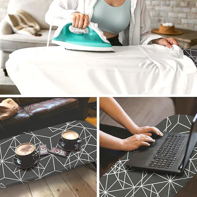 Mini Ironing Board Tabletop Foldable, RAINHOL Space-Saving Iron Board, Compact and Portable for Travel and College, with Hook and Iron Holder, Steel Mesh, 31" x 12", Black and White Stripes