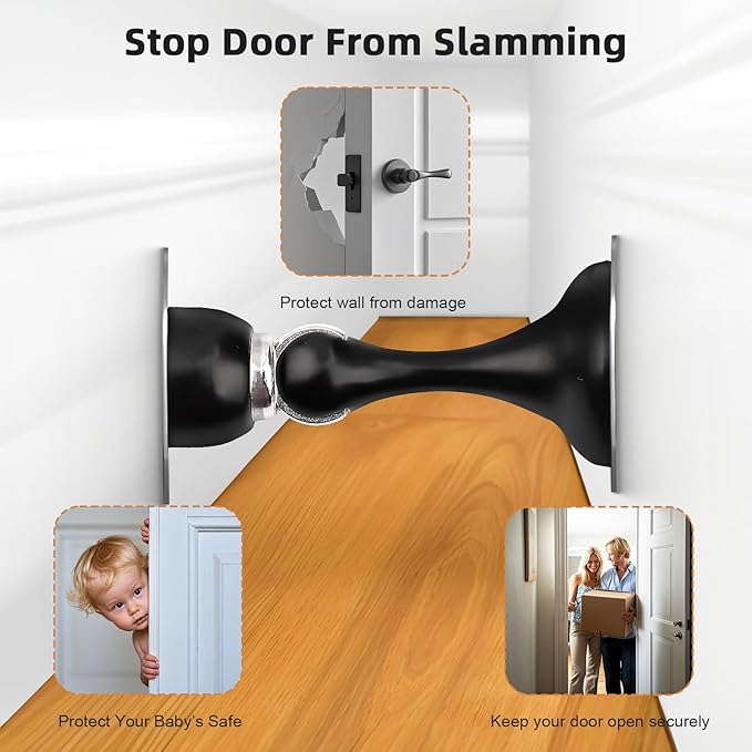 Probrico Black Magnetic Door Stoppers for Bottom of Door, Stainless Steel Magnet Door Catch Door Stops to Keep Door Open, Heavy Duty Door Holder, Wall and Floor Mounting, 2 Pack
