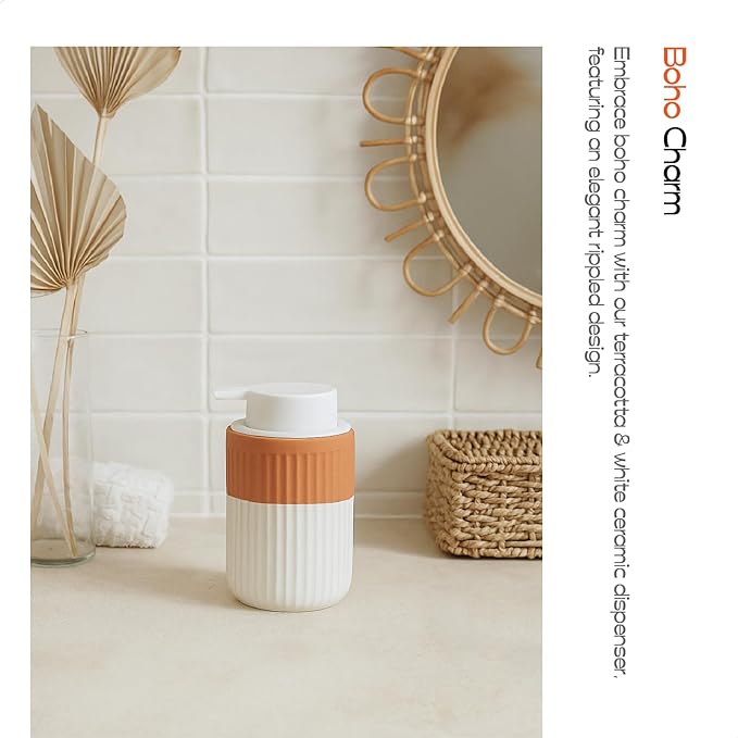 2 Pack Hand Dipped Terracotta Ceramic Foam Soap Dispenser, 12 oz Rippled Bubble-Up Bottle with White Silicone Pump, Refillable Orange Hand Soap Dispenser for Bathroom