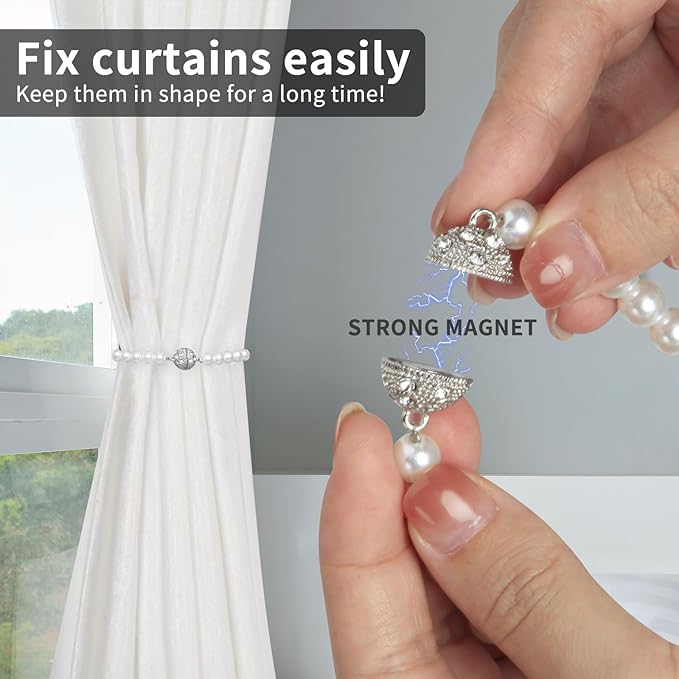 Magnetic Tiebacks for Curtains, 2 Pack Bow Pearl Curtain tiebacks Curtain Buckle Clips with High-Elastic Spring Wire,Curtain Holders for Wall,Drapery tiebacks,Curtain Ties (2pcs Bow)