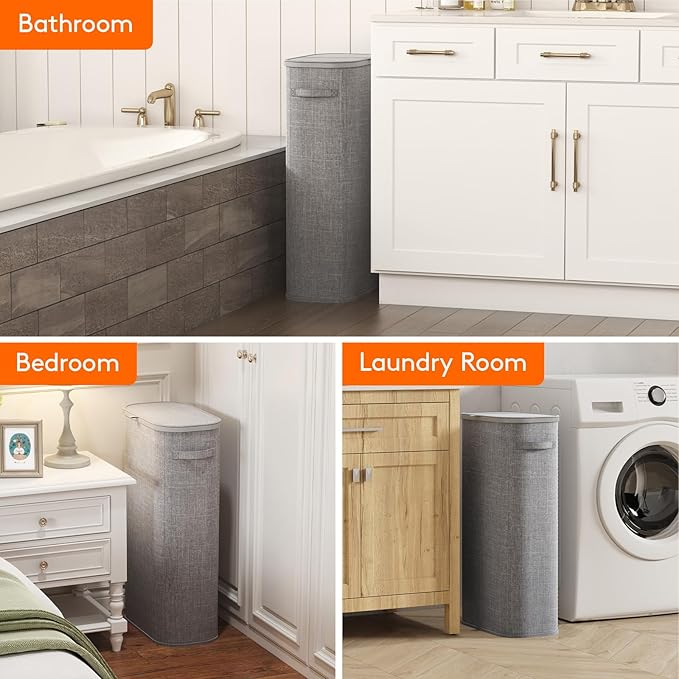 Lifewit 75L Slim Laundry Basket with Lid, Narrow Large Laundry Hamper with Plastic Handles and Removable Bag, Tall Foldable Dirty Clothes Hampers for Laundry Room, Bedroom, Bathroom, Dorm, Gray