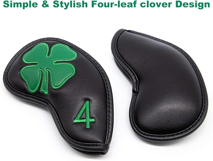 Golf Iron Covers Golf Iron Head Covers Leather Golf Iron Covers for Golf Clubs 10pcs Golf Iron Headcovers Lucky Clover Golf Club Head Covers for Iron with Magic Tape Fit All Brands