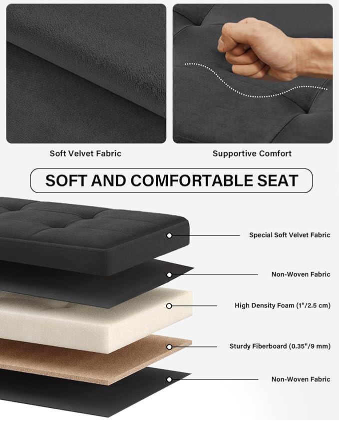 Folding Storage Ottoman, Velvet Storage Bench, Footrest, Removable Divider, for Living Room, Bedroom, 15 x 30 x 15 Inches, 660 lb Load Capacity, Ink Black UASND01B