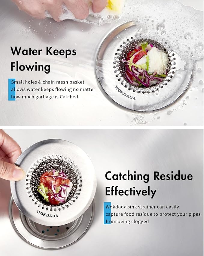 2 Pcs Sink Drain Strainer: Anti-Slip Flexible Chainlink, 304 Stainless Steel. Upgraded Clog-Free Kitchen Version, Easy-Clean Catcher for Garbage Disposal