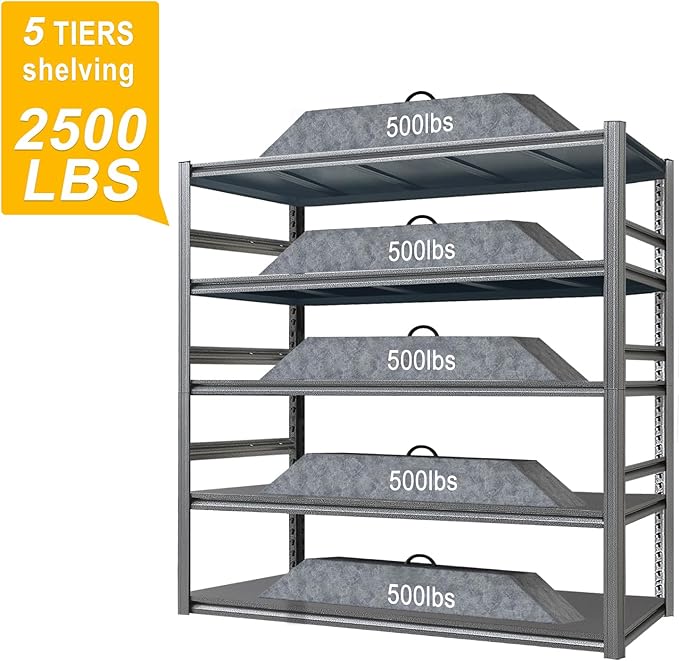Storage Shelf 5-Tier Garage Shelving, Industrial Shelving with Guardrails, 2500LB Boltless Metal Shelves Heavy Duty for Storage Room, 18" D x 47.2" W x 72" H, Iron Black 3 Pack