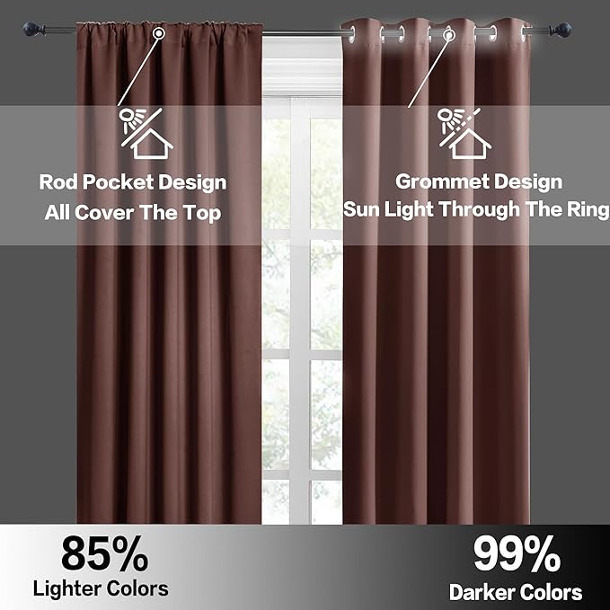 RYB HOME Rod Pocket Blackout Curtains for Bedroom Kitchen Living Room Office Light Block Energy Efficiency Glass Window Treatment Drapes, W 42 x L 63 inch, Chocolate Brown,2 Panels