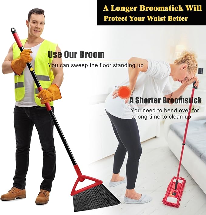 Heavy Duty Commercial Broom, Upgraded Angle Brooms for Sweeping Indoor and Outdoor, Perfect Red Broom of Kitchen, Garage, Industrial and Courtyard