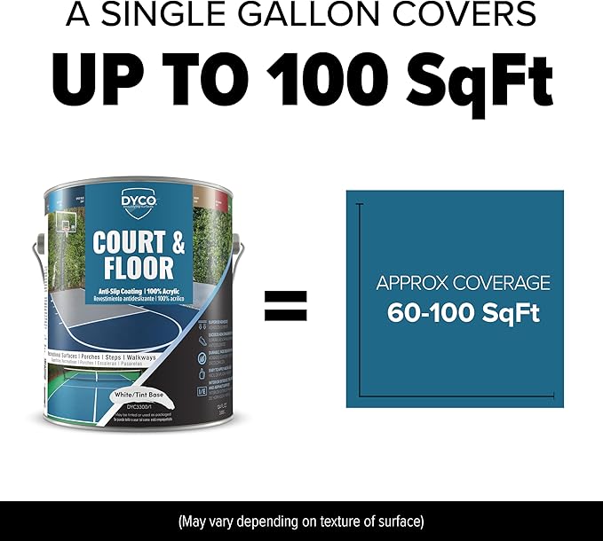 DYCO Court & Floor Anti-Slip Coating - Slip-Resistant Pavement, Cement & Concrete Paint for Pickleball, Tennis & Basketball Courts, Exceeds ADA Standards for Safety Areas (White, 1 Gallon)
