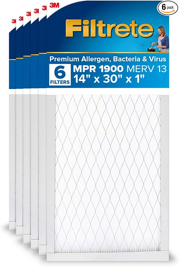 Filtrete 14x30x1 AC Furnace Air Filter, MERV 13, MPR 1900, Premium Allergen, Bacteria & Virus Filter, 3-Month Pleated 1-Inch Electrostatic Air Cleaning Filter, 6-Pack (Actual Size 13.81x29.81x0.78 in)