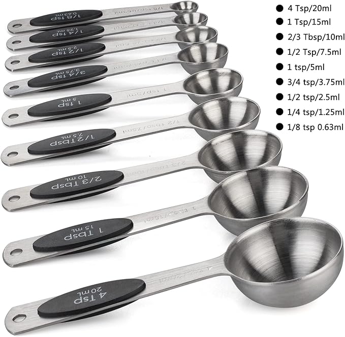 Magnetic Measuring Spoons Set of 9 Stainless Steel Stackable Measuring Spoons Heavy Duty Nesting Teaspoons Tablespoons for Measuring Dry and Liquid Ingredients