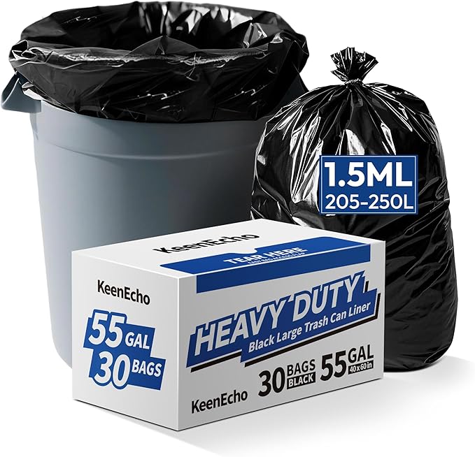 Heavy Duty Contractor Trash Bags 55-60 Gallon, 30 Count, 1.5Mil Extra Thick, Strong Black Garbage Bags, Leakproof Star Seal for Construction, Yard, Demolition Debris