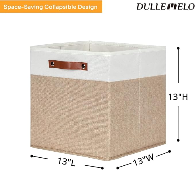 DULLEMELO Cube Storage Bins,13 x 13 x 13 inch Fabric Storage Cubes for Organizing,Collapsible foldable Linen Canvas Closet Storage Bins for Shelves Closet Bedroom Toys Home Office(White&Khaki-4 Pack)