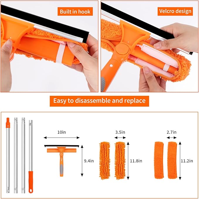 Professional 72'' Window Squeegee Cleaning Washing Tool/Kit with Extension Pole, 3 in 1 Squeegee for Window Cleaning Kit for High Window with 1 Rotatable Head 4 Interchangeable Scrubber