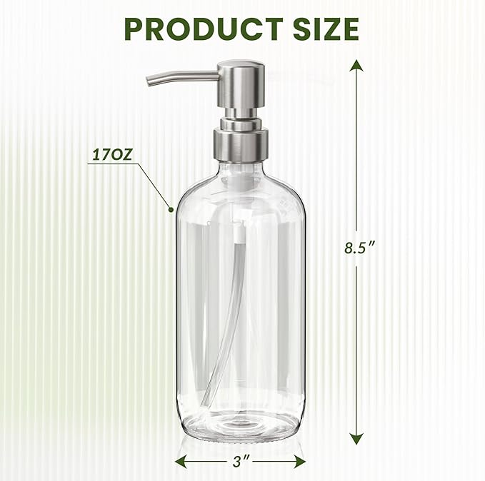 AmazerBath Soap Dispenser, 2 Pack Glass Soap Dispenser with Pump Stainless Steel, 17 Oz Hand Soap Bottles Bathroom Kitchen, Clear