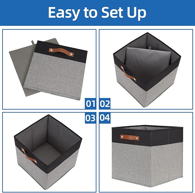 Temary 13 x 13 Storage Cubes Foldable Storage Cubes 4 Pack Canvas Storage Bin for Home, Square Storage Baskets with Leather Handles (Black&Grey)