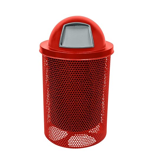 COATEDOUTDOORFURNITURE RDT-P-RED Heavy Duty Round Trash Receptacle with Dome Top, Liner Included, 32 Gallon, Red, Made in America