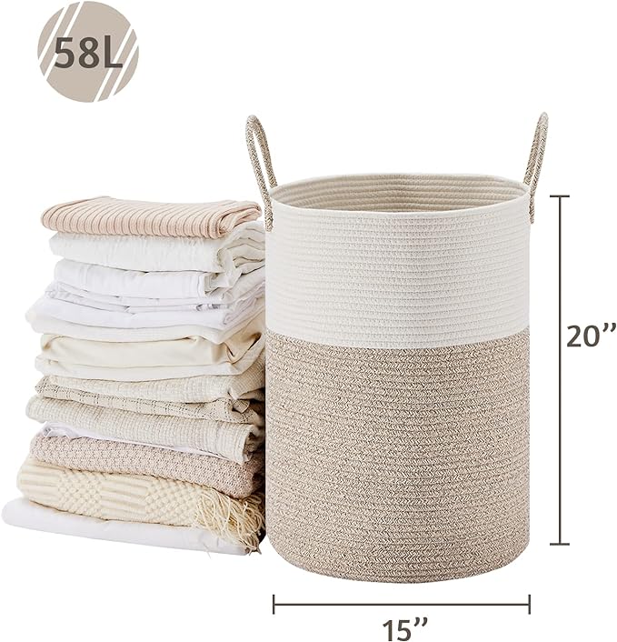 VIPOSCO Large Laundry Hamper, Tall Woven Rope Storage Basket for Blanket, Toys, Dirty Clothes in Living Room, Bathroom, Bedroom - 58L White & Brown