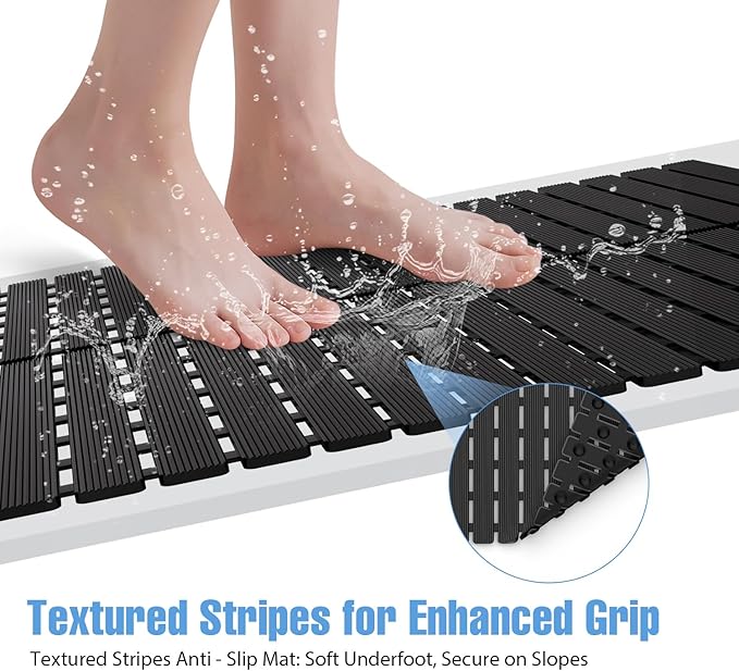 Shower Mat Non-Slip Bath Mat for Tub Floor & Stall with 200+ Suction Cups & Drain Holes, Quick Dry Machine Washable Bathtub Mat, Safe for Elderly& Baby, Bathroom Essentials 24x24 Inch (Black)