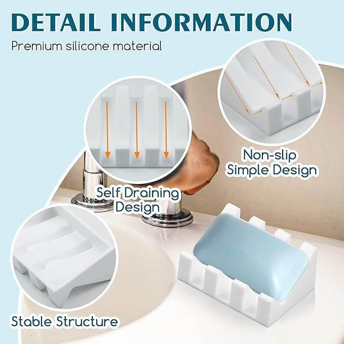 Silicone Soap Dish for Bar Soap Holder for Shower Bathroom Self Draining Waterfall Drying Tray Keep Soap Bars Dry Clean & Easy Cleaning (White, 1)