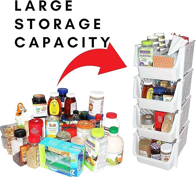 TidyFriend Plastic Stackable Bins for Pantry, 24 Pack Large Stacking Bins Open Front Kitchen, and Bathroom Organization, Open Front Design (White)