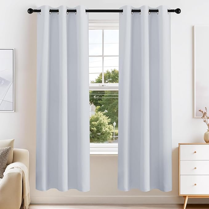 PONY DANCE Greyish White Blackout Curtains for Bedroom 63 Inch Length 2 Panels Set, Thermal Insulated Energy Saving Grommet Top Window Treatment Drapes for Living Room, W34 x L63 Inch