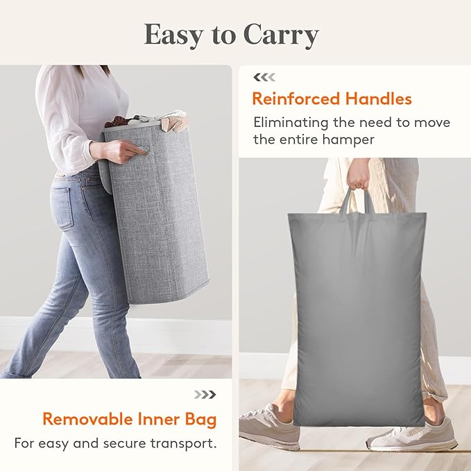 Lifewit 65L Slim Laundry Basket with Lid, Narrow Large Laundry Hamper with Plastic Handles and Removable Bag, Tall Foldable Dirty Clothes Hampers for Laundry Room, Bedroom, Bathroom, Dorm, Gray